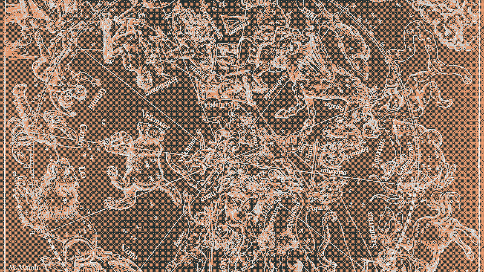 Dithered engraving of a star chart with constellation figures