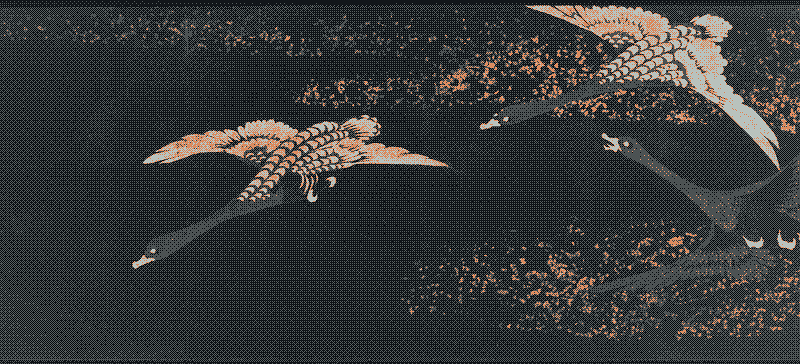 Dithered woodblock print of four geese banking in flight