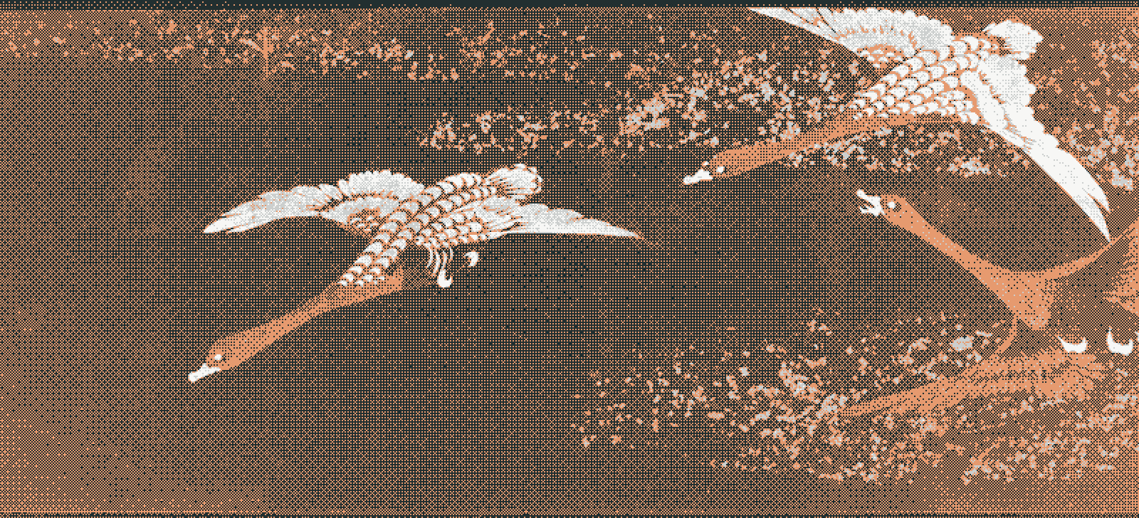 Dithered woodblock print of four geese banking in flight