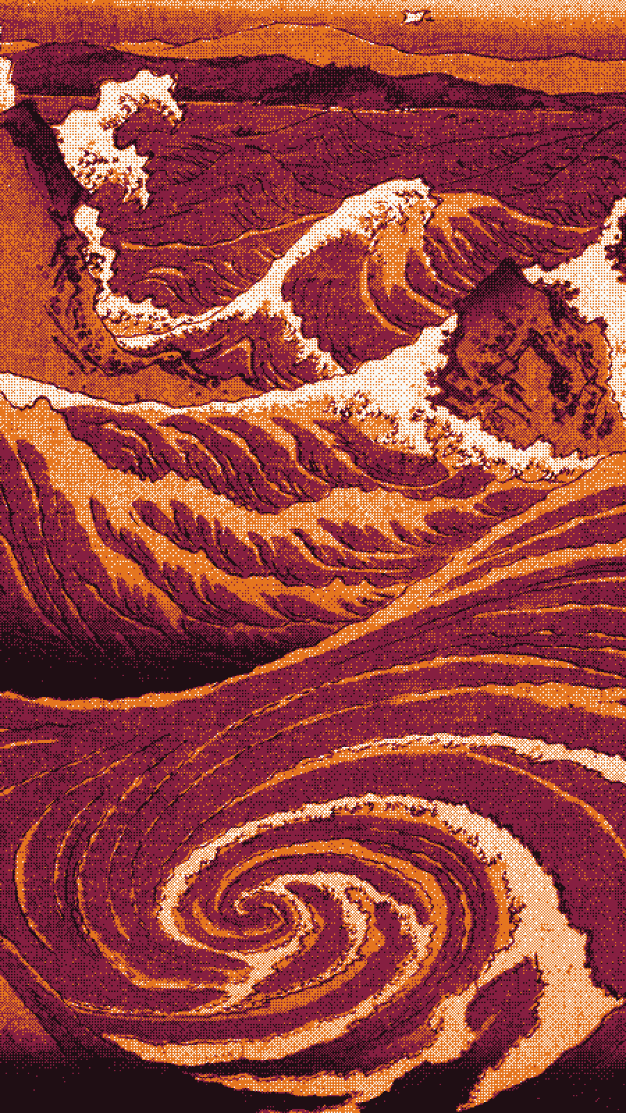 Dithered woodblock print of a whirlpool and breaking waves