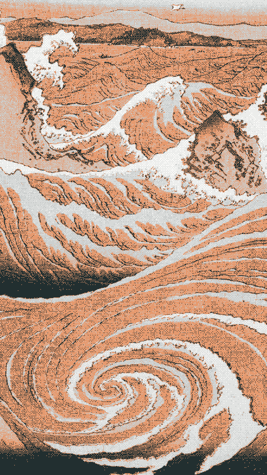 Dithered woodblock print of a whirlpool and breaking waves